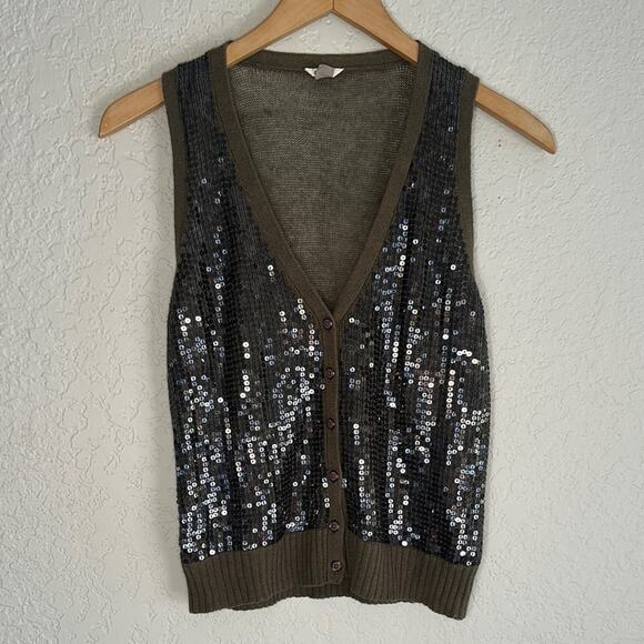 Vintage Fossil Olive Green Vest Button Up Sequin Festival Boho Indie Summer Fall - Picture 1 of 8